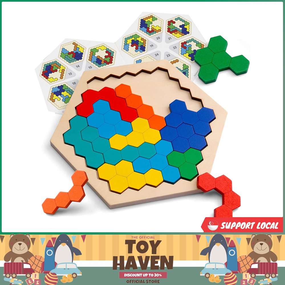 Brain Teasers Puzzles Toy for Kids & Adults | 16 Pcs Wooden Colorful  Hexagon Fun Geometry Logic Tangram Puzzles Table IQ Game STEM Montessori