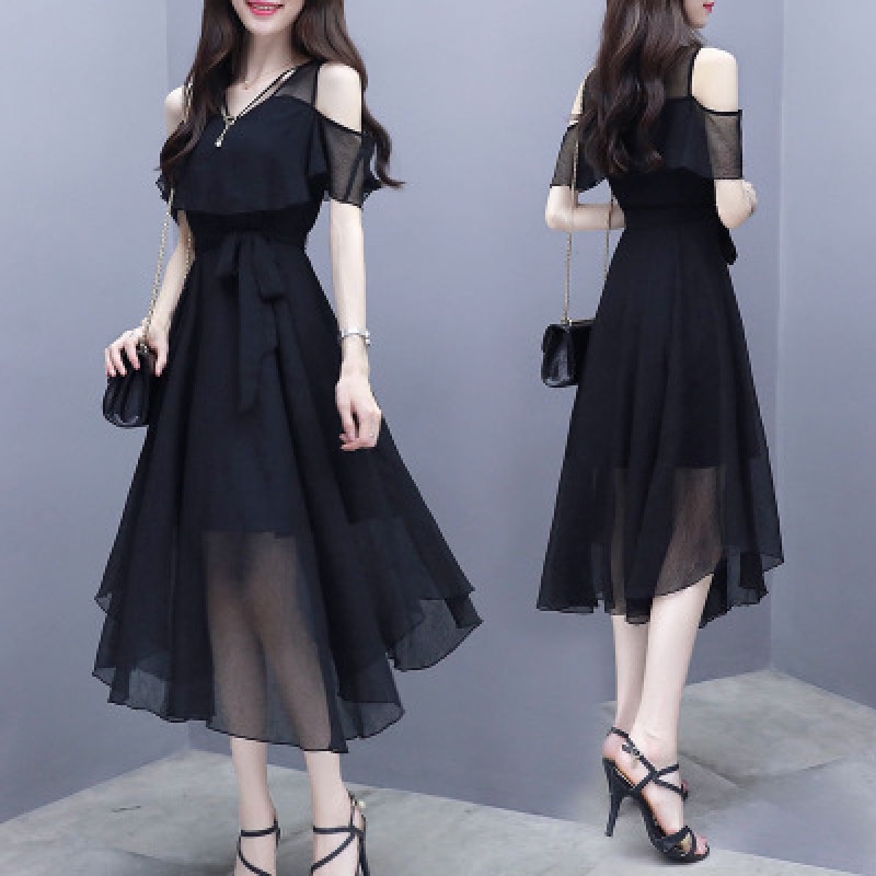 Korean Style Women Casual Midi Dress Black Chiffon Summer Short Sleeve ...
