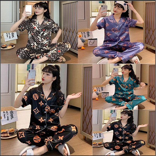 MXXL Women Satin Short Sleeve Long Pants Pajamas Silk Sleepwear