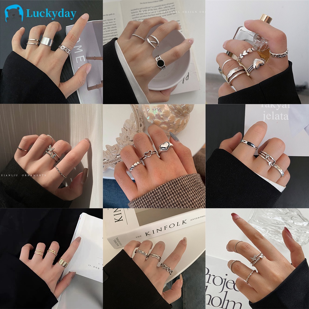 YEEZII 6Pcs/Set Fashion Pearl Ring Set Butterfly Heart Gold Silver Couple Ring for Women Accessories Jewelry