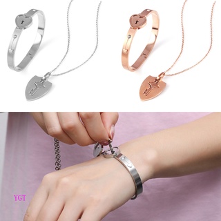 Couple Titanium Steel Love Heart Lock Bracelet Bangle & Key Pendant  Necklace Set
