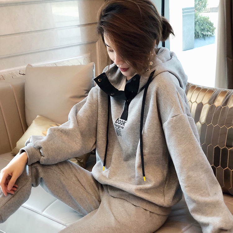 Large Size Casual Sportswear Korean Women Suit New Loose Fashion Hooded Sweater Two-piece Set Woman