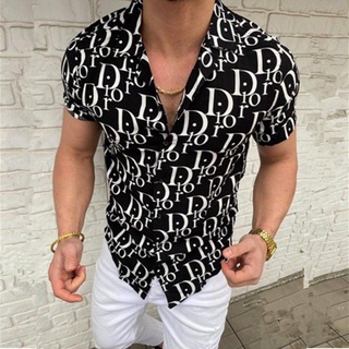 Spring and Summer New Mens Shirt Hawaiian Casual 3d Printing Letter Clothes  Slim short Sleeve Turn-Down Collar Button Shirts | Shopee Singapore