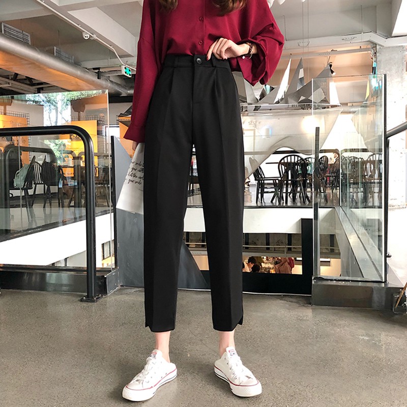💋Ready Stock💋 Women Formal Pants High Waits Straight Office Wear Ladies  Work Loose Suit Pants Black Trousers