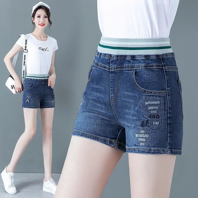 Denim shorts female summer 2021 new loose high waist elastic waist  embroidered straight leg pants hot pants all-match thin hot pants