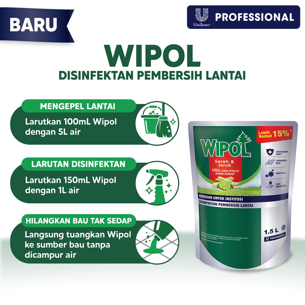 Wipol Professional Disinfektan BKC Pembersih Lantai Sereh Jeruk 1.5 L Pouch Untuk Horeka - Gambar 4