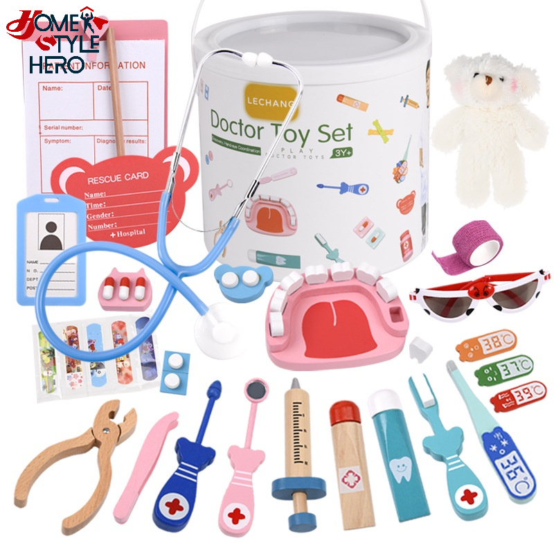 [SG Stock] Wooden Medical Doctor Dentist Pretend Play Set with Storage Box Kids Educational Roleplay Toy