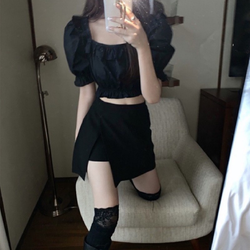 Korean Ulzzang Black Crop Top and Highwaist Slit Skirt Set