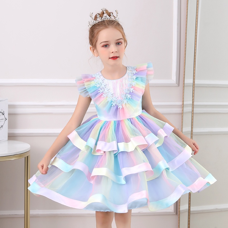 Girls Princess Rainbow Dress Birthday Party Sweet Style Fluffy Mesh ...