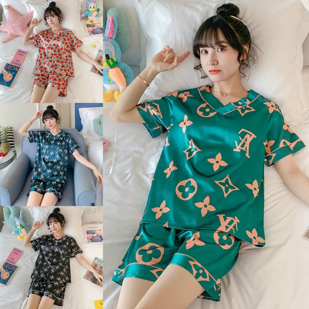 M-5XL Female Comfy Silk Women's Pyjamas Short Sleeve V-neck Cartoon  Sleepwear Pajamas for Women Baju Tidur