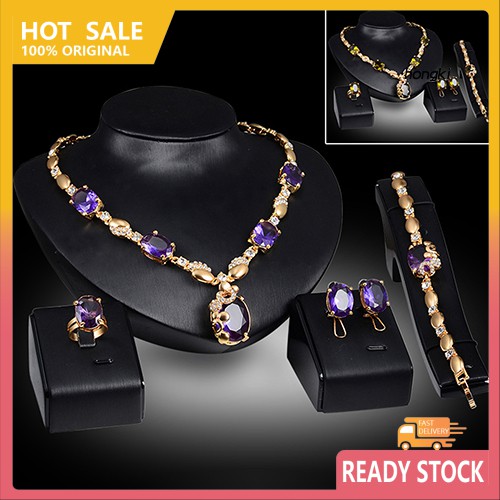 ZBS_Retro Women Zircon Waterdrop Pendant Necklace Ring Earrings Bracelet Jewelry Set