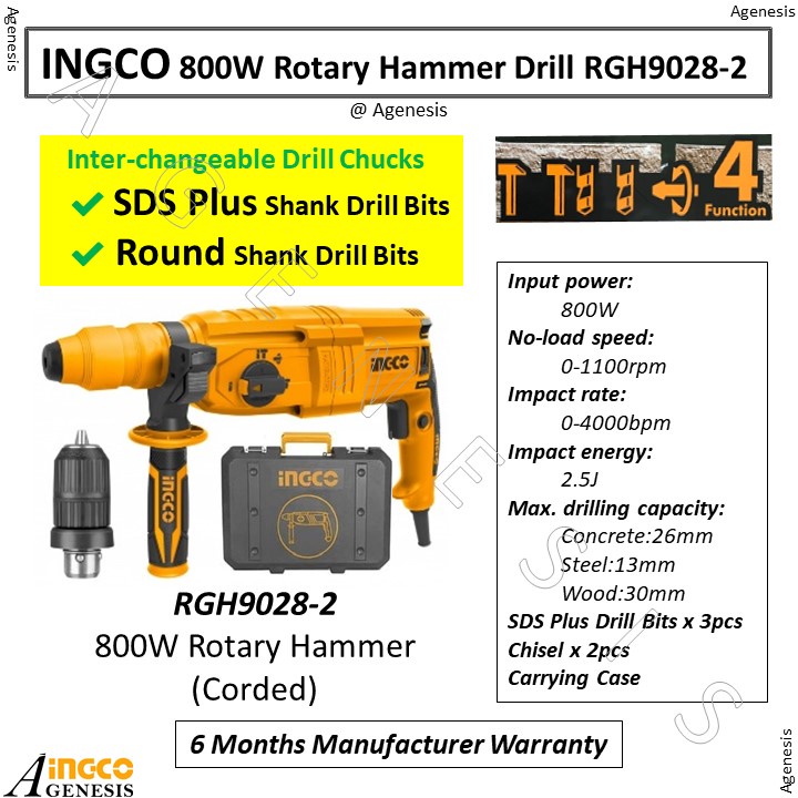 INGCO 800W Rotary Hammer Drill RGH9028-2