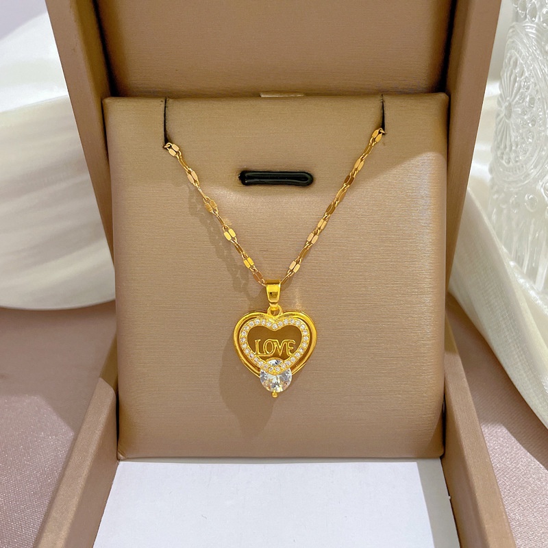 Titanium Steel 18K Gold Plated Necklace Non Tarnish Gold Necklace for Women Waterproof Gold Love Heart Diamond Pendant Necklace Hypoallergenic Accessories Jewelry