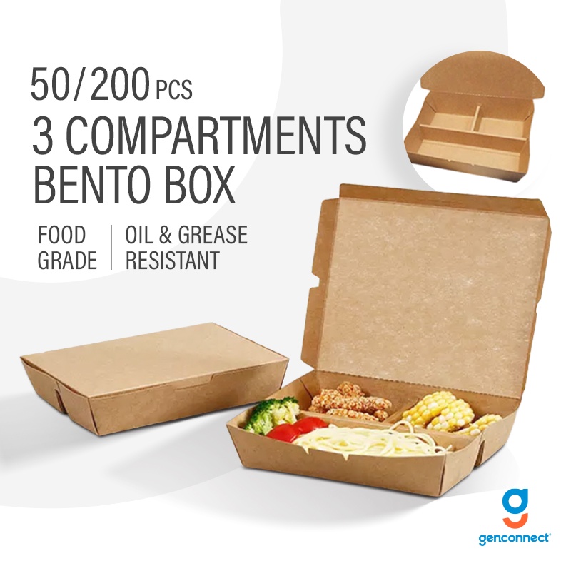 25/50/100/200pc Kraft Bento Box 3 compartment Takeaway Paper box lunch ...