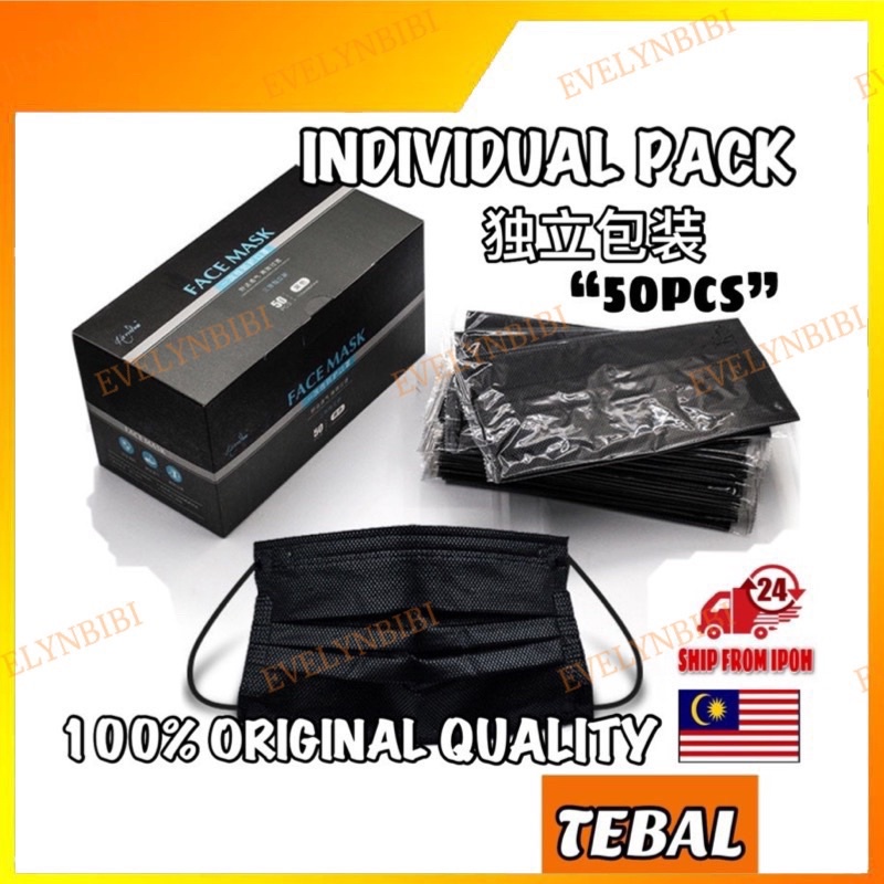 50pcs Black/White Mask Individual Pack 3ply Tebal Non Medical ...