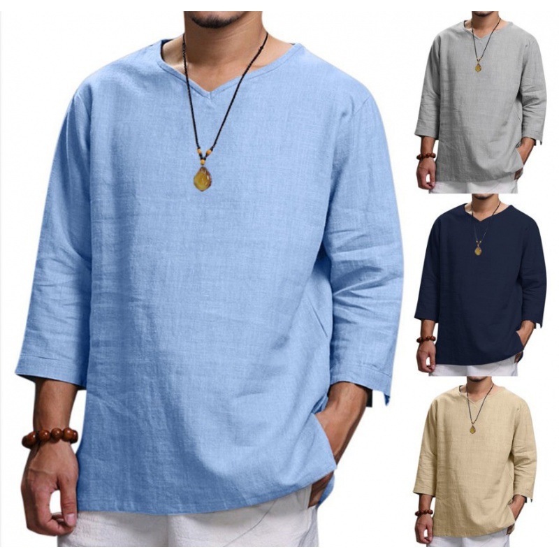 【Plus Size】Men's Cotton Linen T-Shirts 3/4 sleeve Casual Loose ...