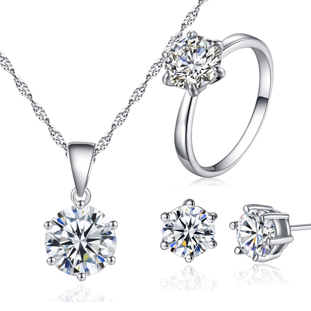 Cube Zircon Pendant Necklace Stud Earring Ring Jewelry Set