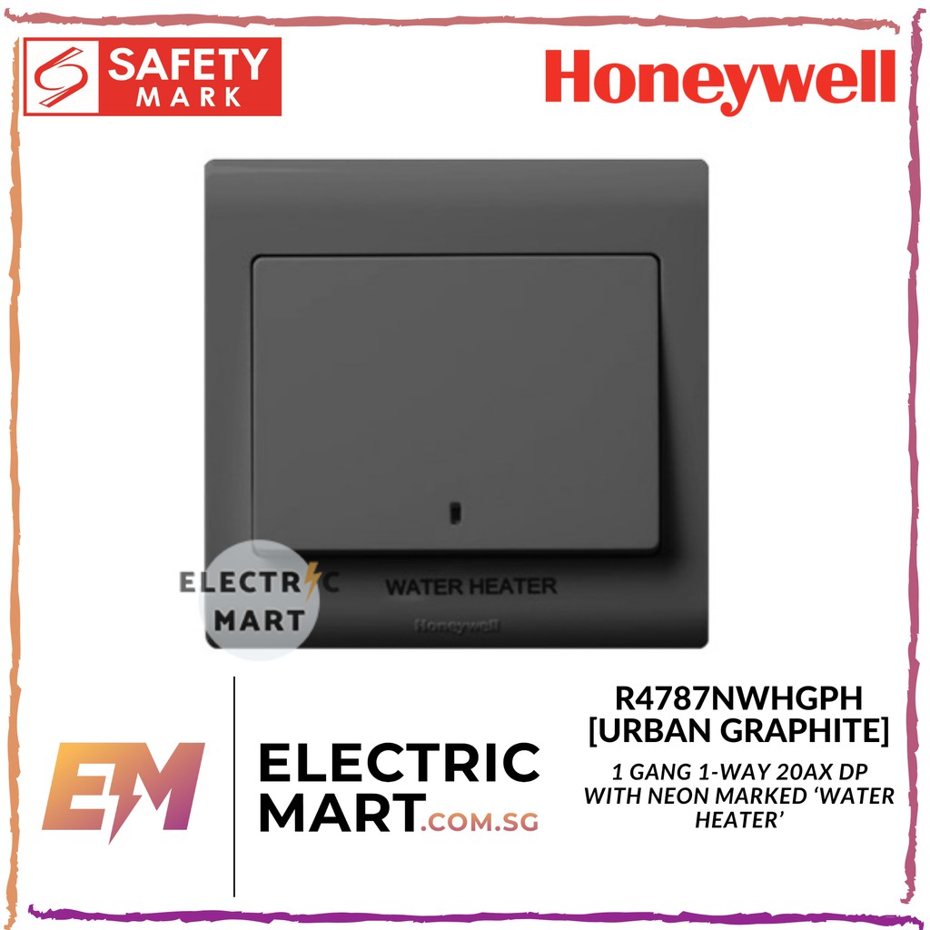 Honeywell Rseries R4787NWHGPH 1 Gang 1Way 20AX DP with Neon marked ‘WATER HEATER’ [URBAN