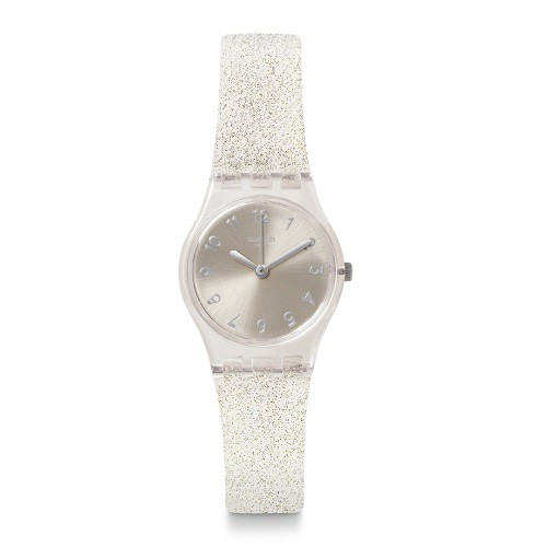 Swatch Silver Glistar Too LK343E 25mm Quartz Glitter Translucent Silicone Strap Watch