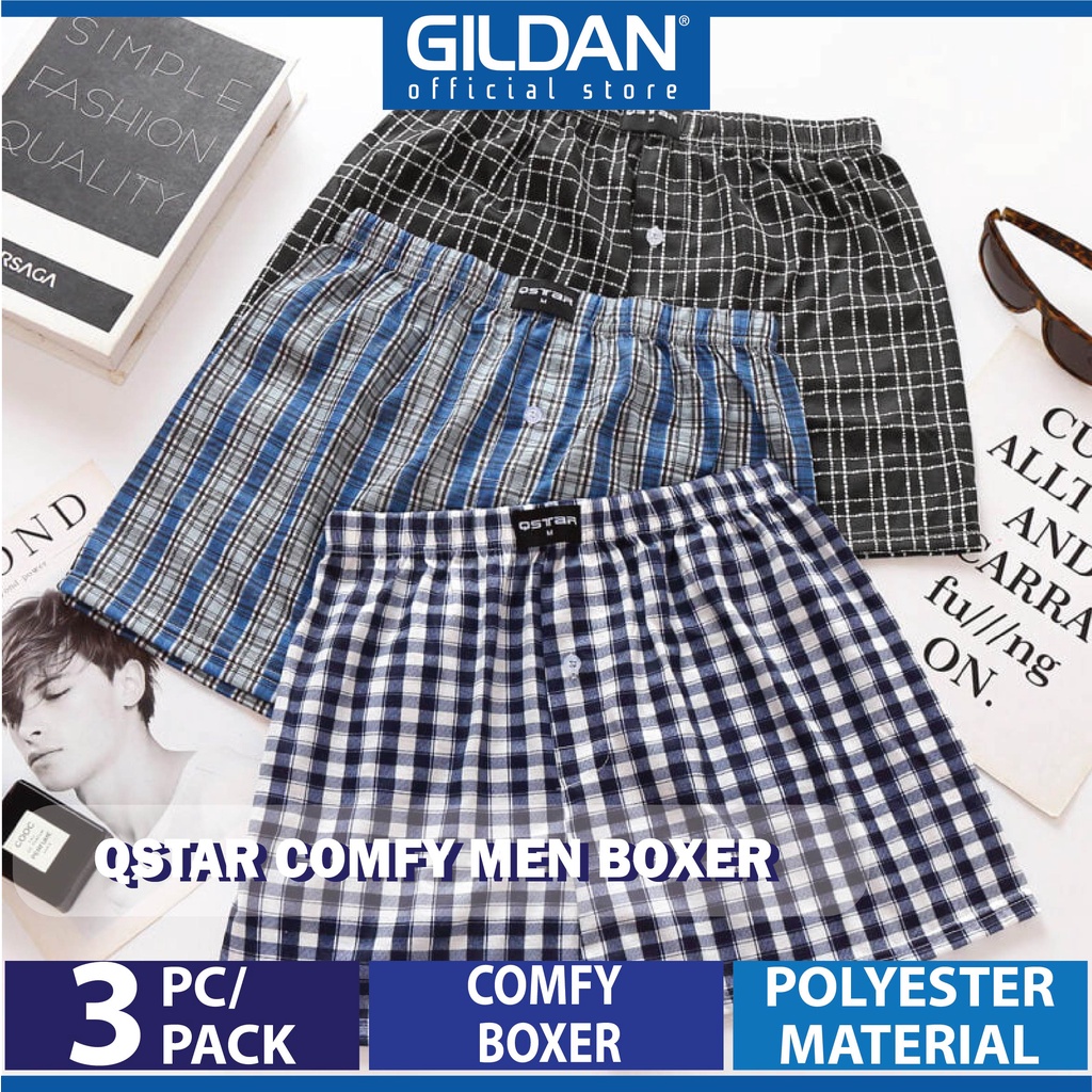 GILDAN x QSTAR Men Boxer Short Breathable Cool Loose Fit Underwear Brief  Trunk Comfy Hidden Waistband Seluar Dalam 3PC PACK
