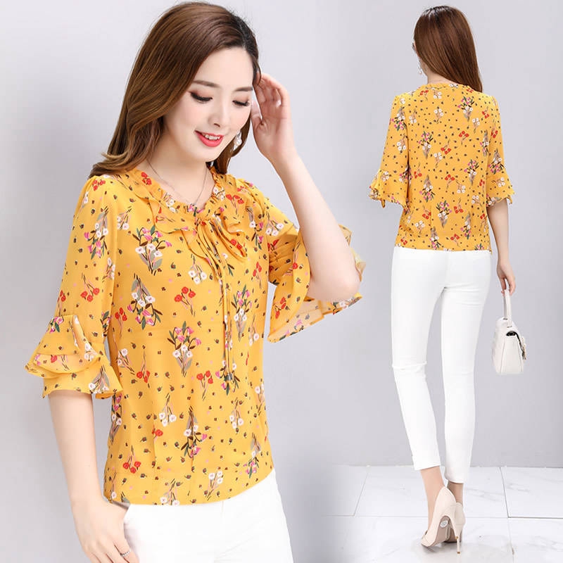 Woman Summer Style Chiffon Blouses Tops Lady Casual Short Flare