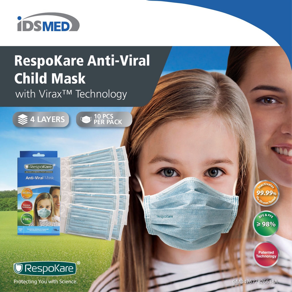 RespoKare Anti Viral Child Face Mask 4 layers Virax Technology FDA Cleared Patented Technology