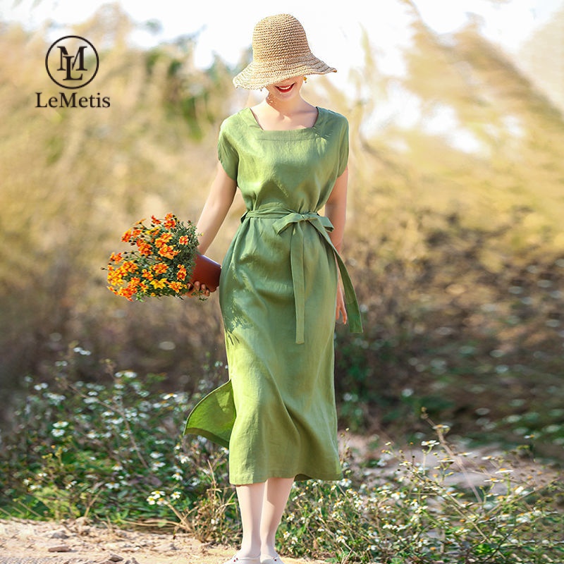 LeMetis Retro Solid Color Dresses for Women Cotton and Linen Fabric Short Sleeve Square Collar Women's Clothing Plus Size M-4XL