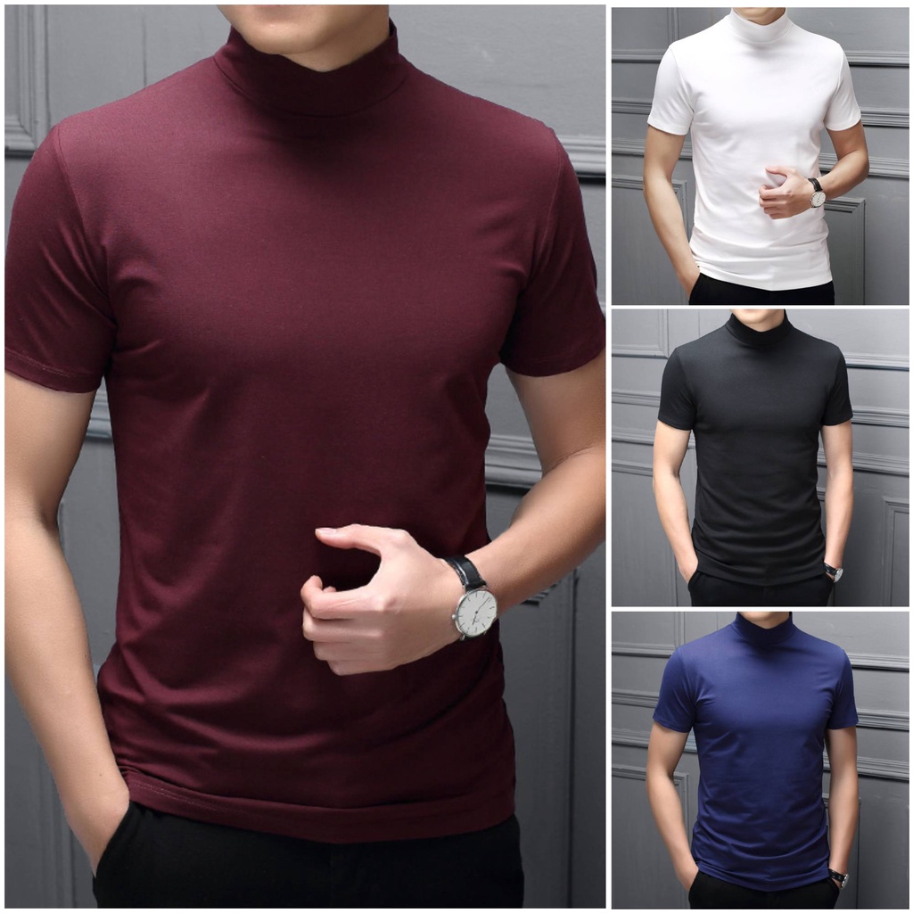 Men Solid Half Turtleneck Milk Silk Short Sleeve Slim Fashion T-Shirt ...