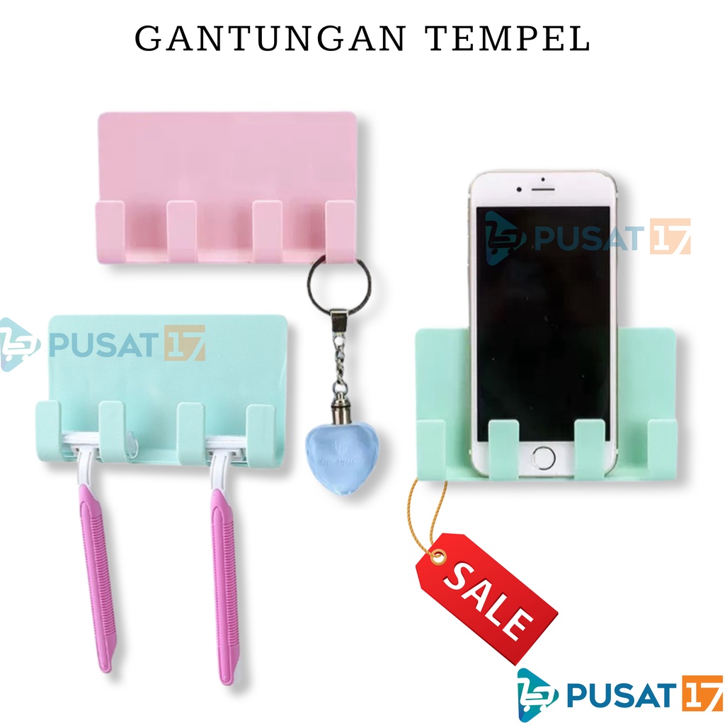PUSAT17 GANTUNGAN TEMPEL DINDING 4 KAIT / GANTUNGAN BAJU / GANTUNGAN KAMAR MANDI DAPUR/ RAK CHARGER HP TEMPEL HOOK AJAIB / GANTUNGAN COLOKAN