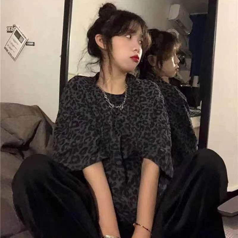 Summer Short-Sleeved Plus Size Women's Clothing 2022 New Style t-Shirt Female Student Korean Version Loose All-Match Leopard Print Half-Sleeved