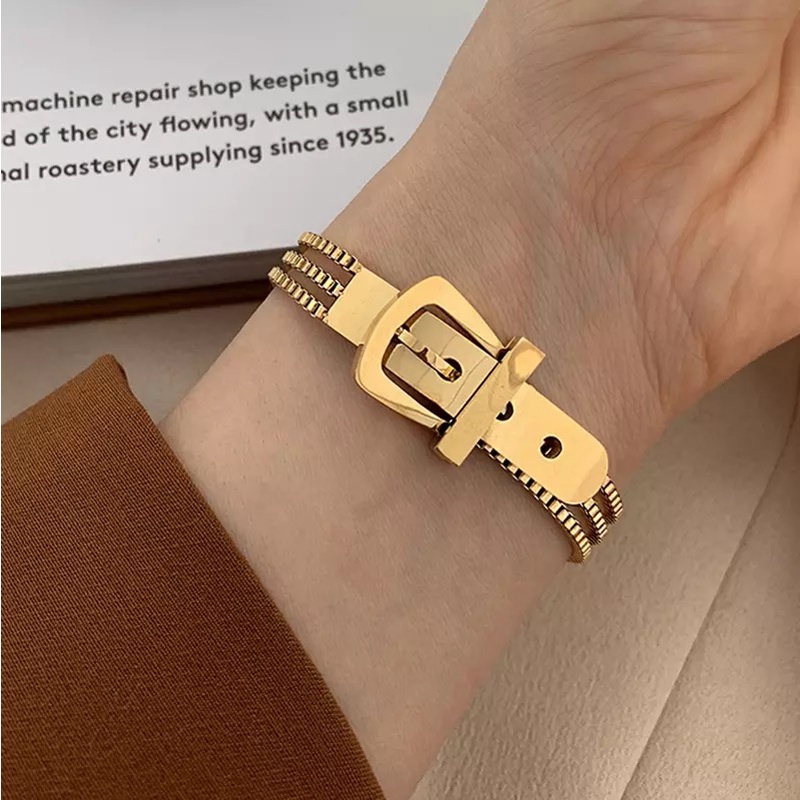 Fashion Stainless Steel Belt Shape Strap Charm Gold Bangle Women