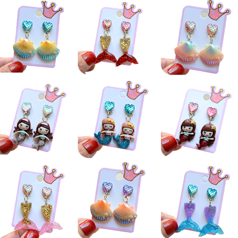 Princess Children's Clip Earrings Cartoon Fishtail Shell Kids Accessoreis No Ear Holes