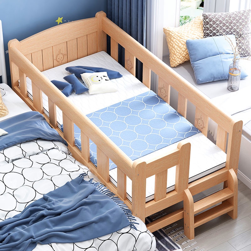 Children Splicing Bed Baby Bed With Guardrail Solid Wood Single Bedside ...