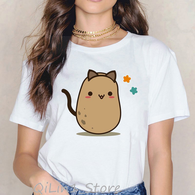 Cute potato printed funny t shirts women harajuku kawaii cartoon print tee shirt femme graphic tumblr clothes white top Shopee Singapore