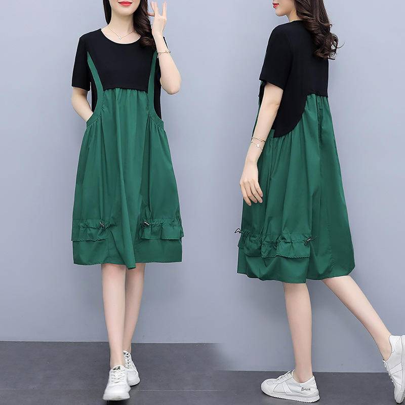 [Ready Stock] Short-Sleeved Fake Two-Piece Dress 2022 Summer Waist-Length Mid-Length Women's Strap Slimmer Look