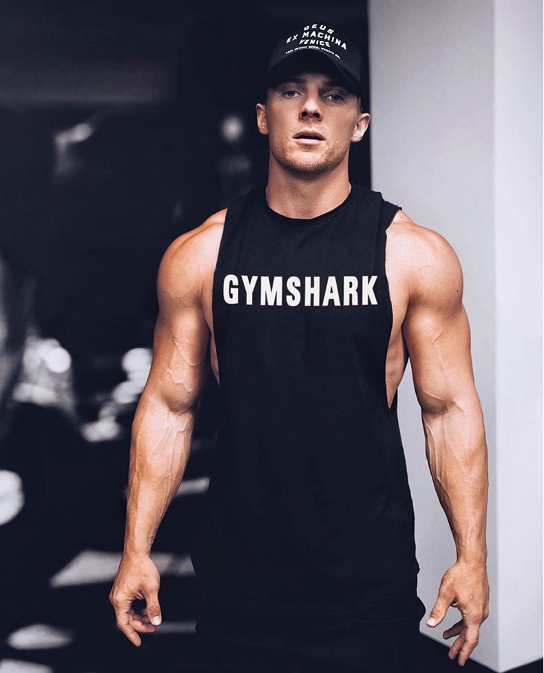 Gym Shark Vest Mens Curved Hem Solid Vest Gyms Bodybuilding