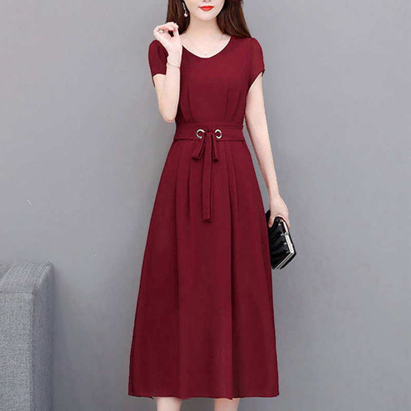 Fashion Long Dresses For Women Korean Slim A-line Dress Classic Short  Sleeve Round Neck Dress Lady Plus Size Plain Dresses | Shopee Singapore