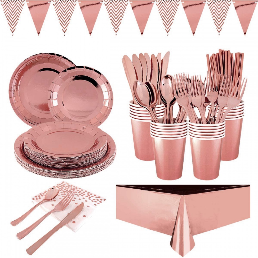 Rose Gold Party Supplies Disposable Dinnerware Set Paper Plates Napkins