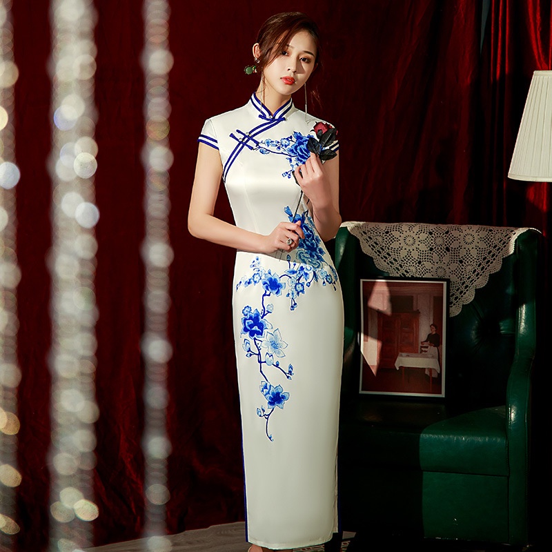 High-Quality Chinese Women Silk Satin Short Sleeve Qipao Vintage Flower  Cheongsam Long Dress Wedding Formal Evening Dinner Dresses | Shopee  Singapore