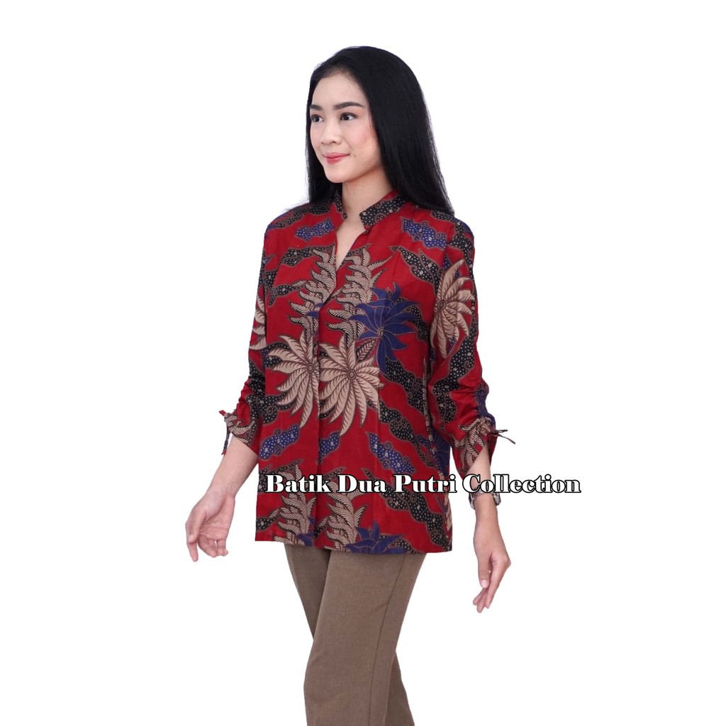 Women S Batik Tops Blouse With Drawstring Sleeves By Batik Dua Putri Collection Shopee Singapore