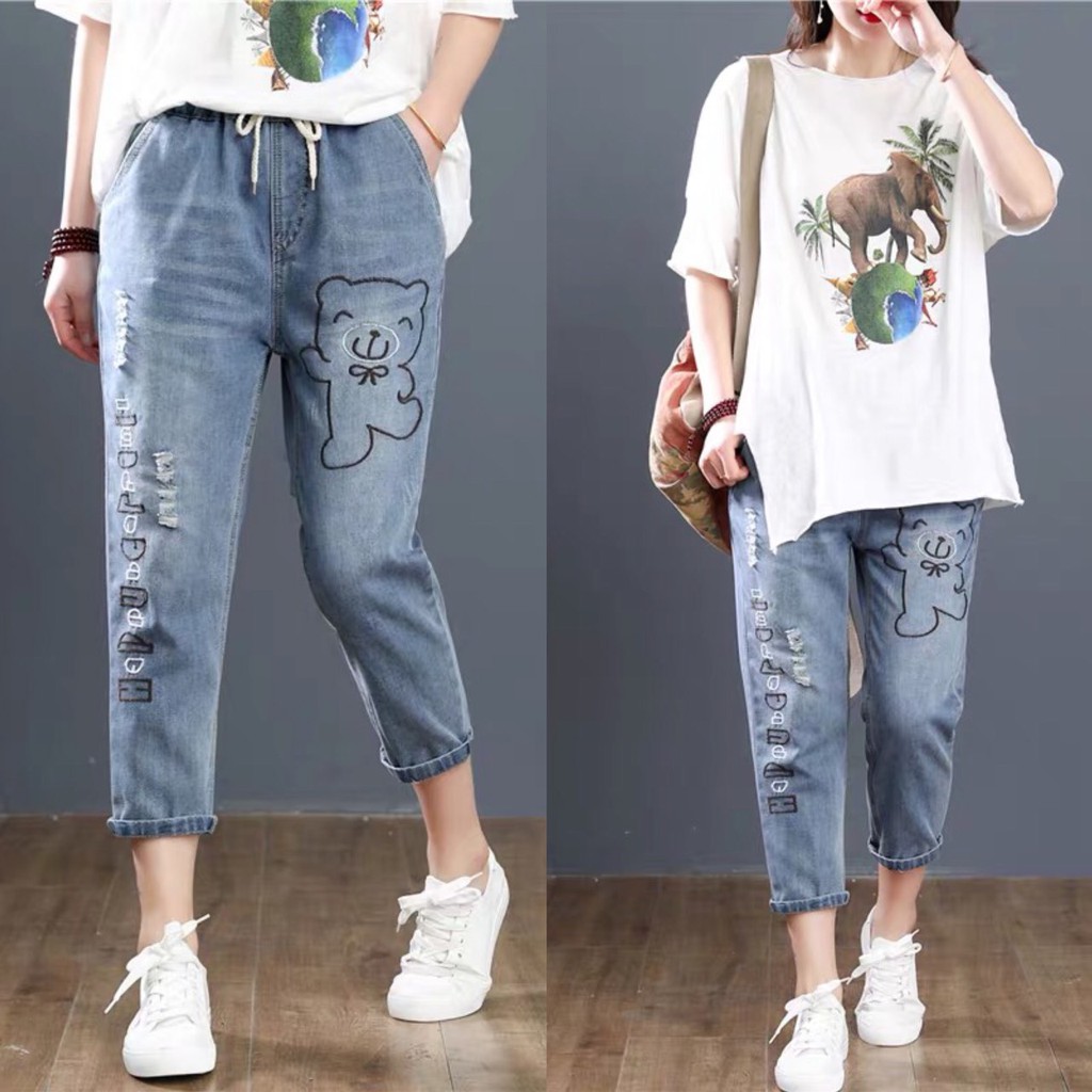 Korean Jeans Women's Fashion Clothes Pants Elastic Waist Embroidered ...