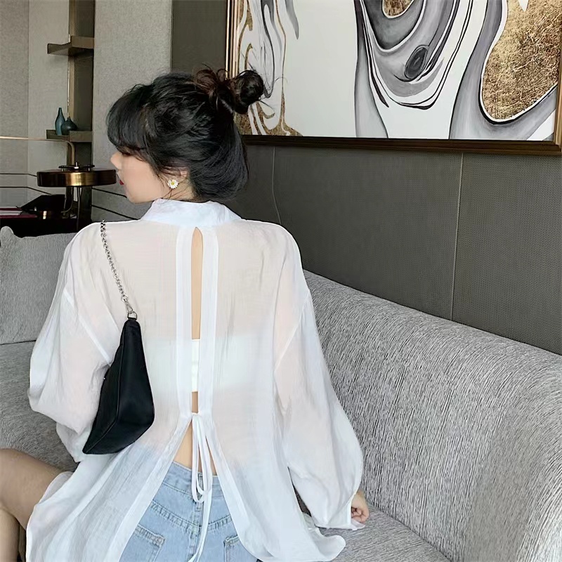 lune C187 Sexy See Through Long Sleeve Shirt Women Open Back Thin Cloak Chiffon Korean Style Sunscreen Fashion Clothing Solid Color/White