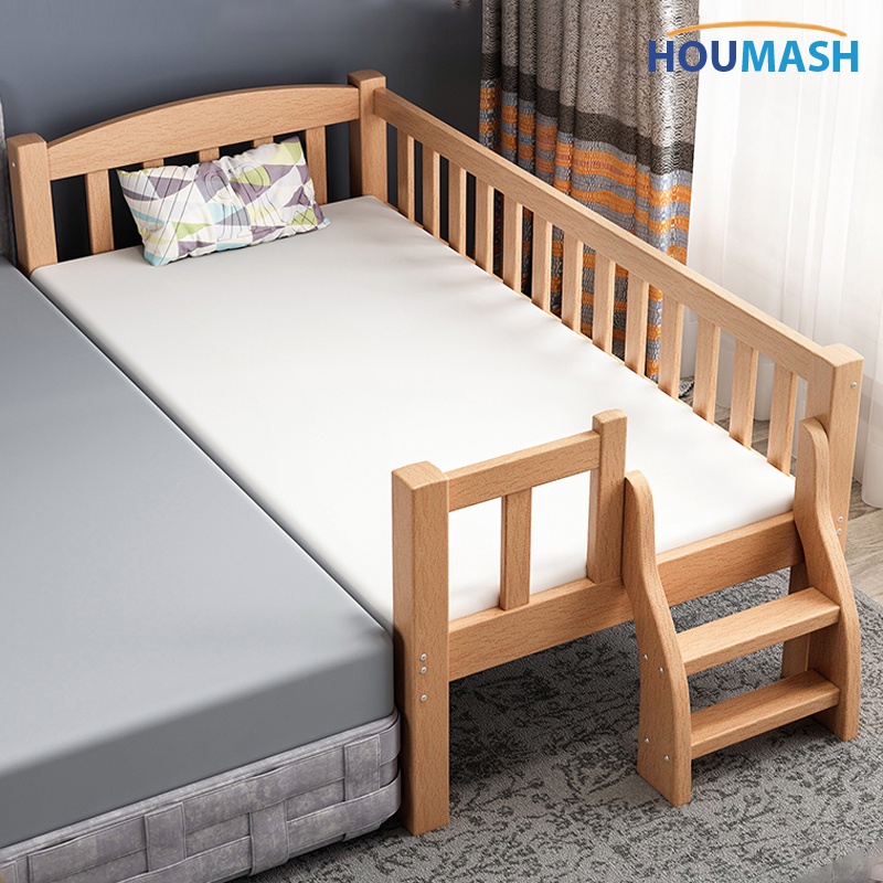 HOUMASH Beech Baby Bed Kids Children Bed With Guardrail Single Widening ...