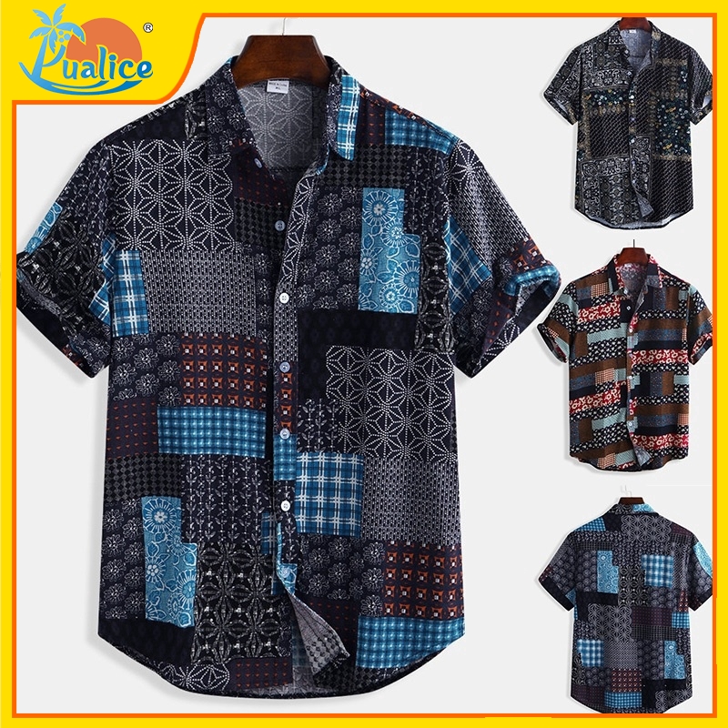 Mens Summer Fashion Floral Printing Cotton Breathable Dress Shirts