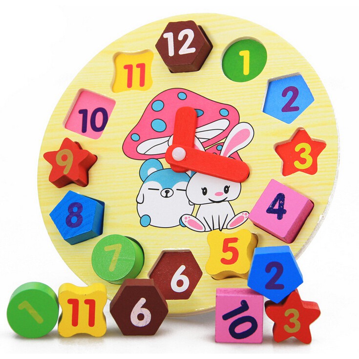 Wooden Cartoon Clock Geometry Stacking Blocks Shape Matching Kids Toy ...