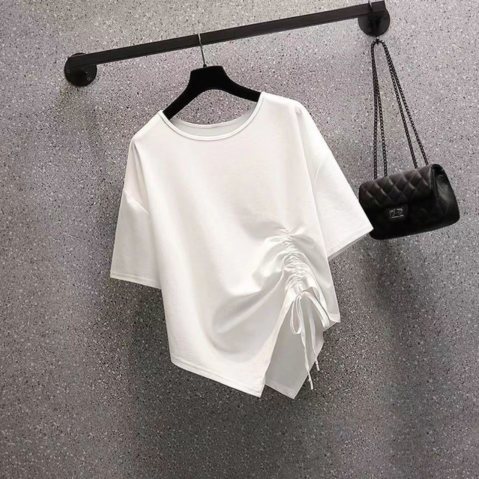Plus Size Women's Clothing 2022 Fat Sister Slimmer Look T Drawstring Irregular Design Feel Loose All-Match Blouse 2022 Top 7.15