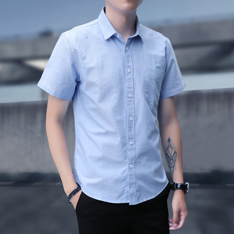 Men Short Sleeve Shirt Solid Color Casual Top Slim Fit Korean Shirts ...