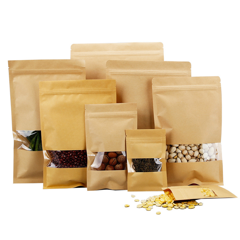 Kraft Paper Bags Zip Lock Brown with Window Stand Up Resealable Grip ...