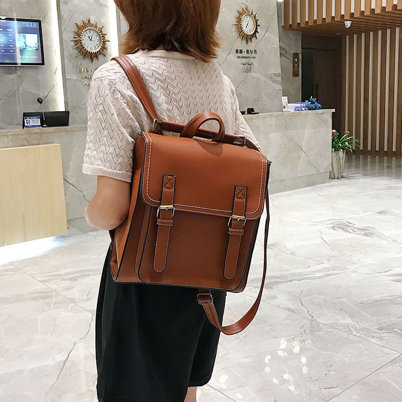 Student schoolbag female Korean Style 2019 new Vintage pu leather Trendy wild backpack ins diagonal net red bag