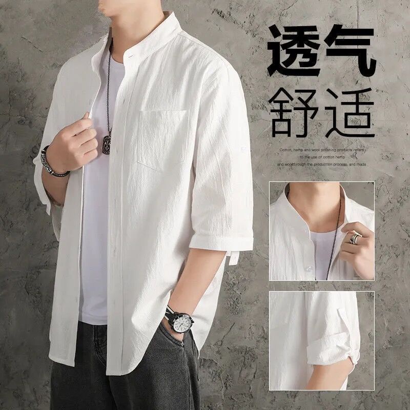 Linen Shirt Men's Five-Point Sleeve Solid Color Thin Loose Clothing Oriental Style Summer Cotton Casual Jacket